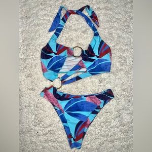 Leaf Print Cut Out Ring Linked One Piece Swimsuit
